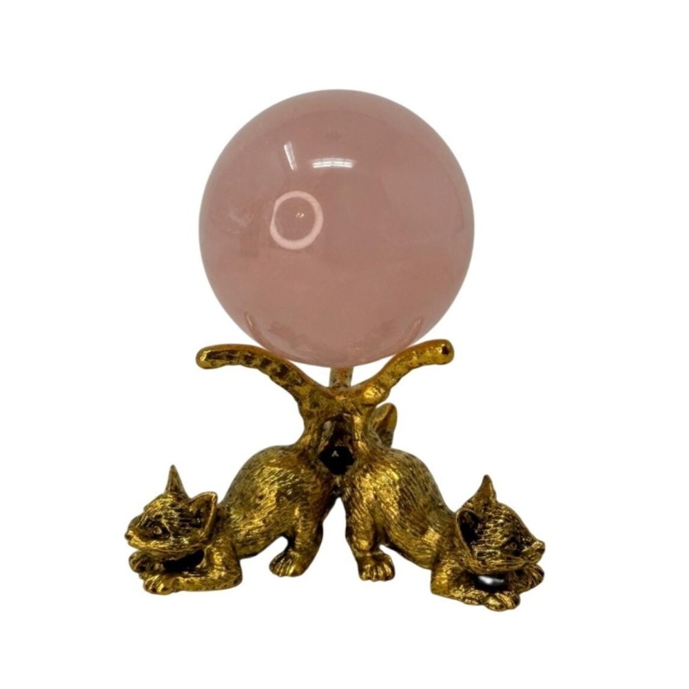 Vintage Inspired Brass Cat Sphere Stand 3 Kittens Crystal Ball Holder Gold Small